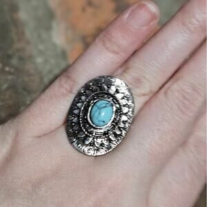 Boutique Boho Faux Turquoise Stone in Silver-Tone Mixed Metal Adjustable Ring